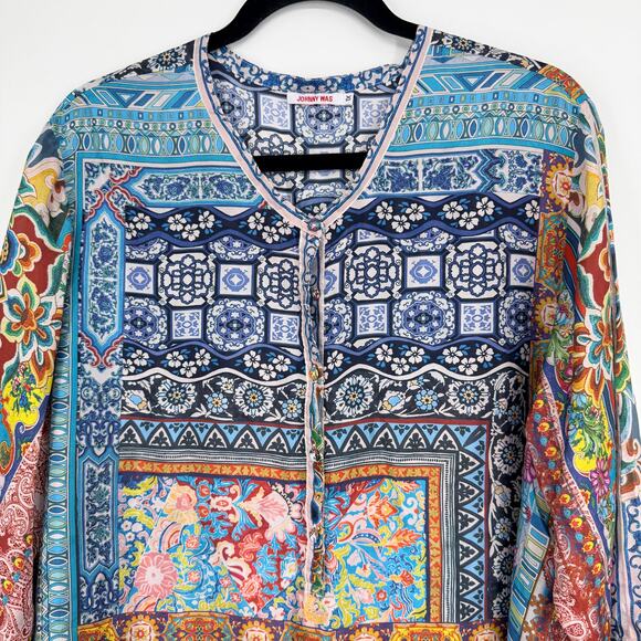 Johnny Was 100% Silk Boho Patchwork Print Roll Tab Sleeves Womens Plus Size 1X - Picture 4 of 9